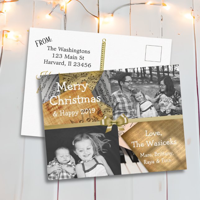 Cartes Pour Fêtes Annuelles Joyeux Noël Famille Photo Gold Bow Musical Note (Créateur téléchargé)