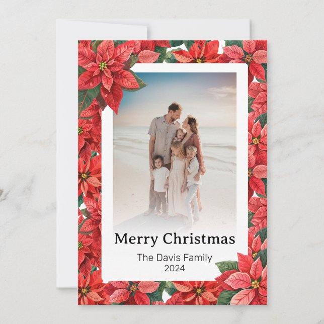 Cartes Pour Fêtes Annuelles Joyeux Noël Famille Photo Rouge Poinsettia Flower (Devant)