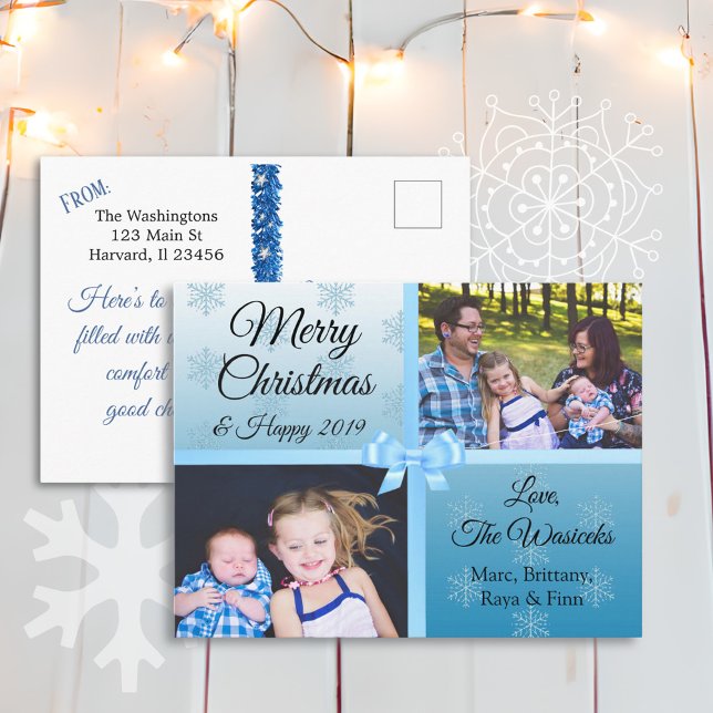 Cartes Pour Fêtes Annuelles Joyeux Noël Famille Photos Blue Snowflakes (Créateur téléchargé)