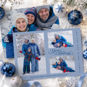 Cartes Pour Fêtes Annuelles Joyeux Noël Famille Quatre Photo Minimal Bleu