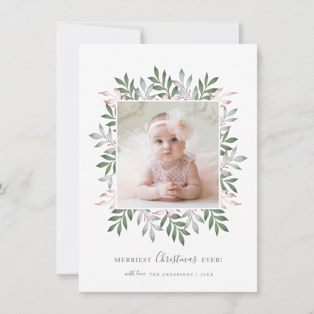 Cartes Pour Fêtes Annuelles Joyeux Noël Festive Verdure Cadre photo (Devant)