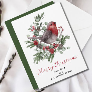 Cartes Pour Fêtes Annuelles Joyeux Noël Feuillage d'hiver Rouge Robin