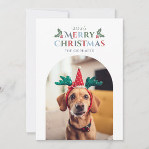 Cartes Pour Fêtes Annuelles Joyeux Noël Feuillage Famille Photo d'animal de co