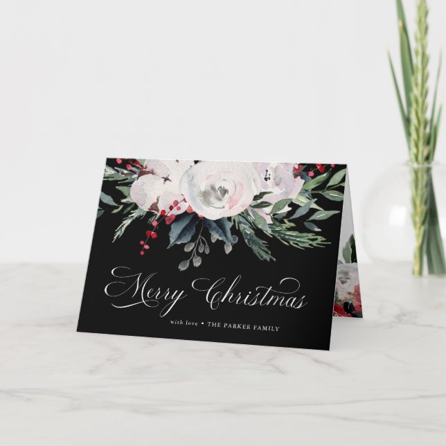 Cartes Pour Fêtes Annuelles Joyeux Noël | Fleurs aquarelles sur noir (Devant)