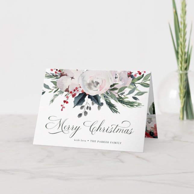 Cartes Pour Fêtes Annuelles Joyeux Noël | Fleurs d'aquarelle traditionnelles (Devant)