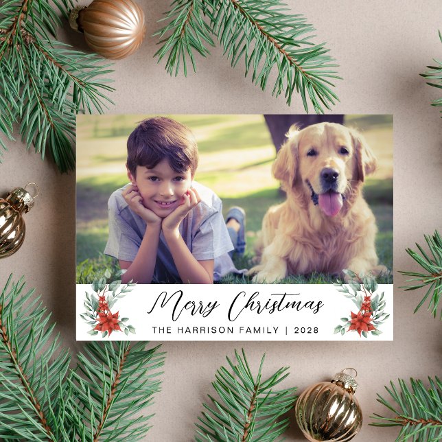 Cartes Pour Fêtes Annuelles Joyeux Noël Floraux d'hiver Photo (Share the love and warmth of the holiday season with a personalized photo Christmas card)