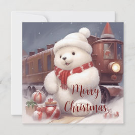 Cartes Pour Fêtes Annuelles Joyeux Noël - Fluffy Polar Bear and Train Card