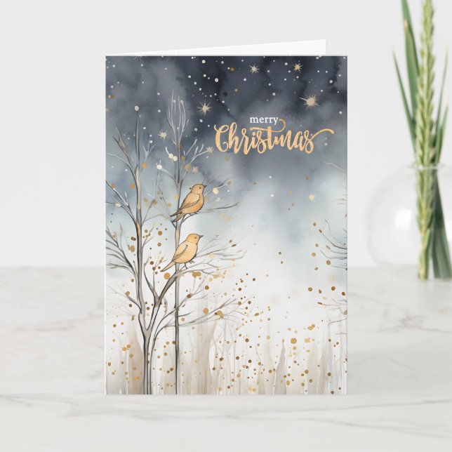 Cartes Pour Fêtes Annuelles Joyeux Noël Forêt d'hiver Oiseaux sauvages Marine (Devant)