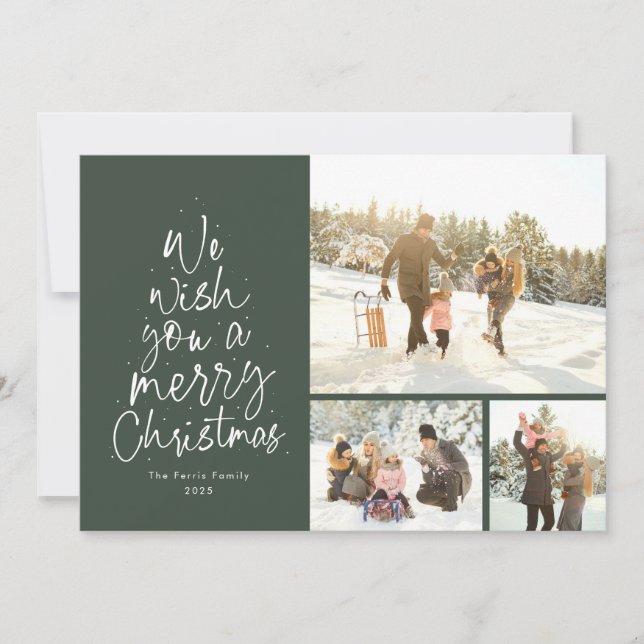 Cartes Pour Fêtes Annuelles Joyeux Noël fun vert trois photo famille (Devant)