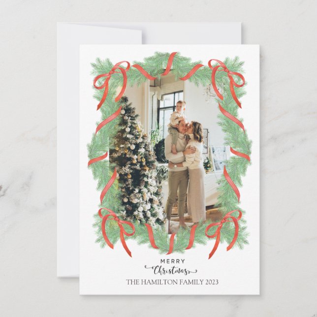Cartes Pour Fêtes Annuelles Joyeux Noël Garland Frame Bow Photo (Devant)