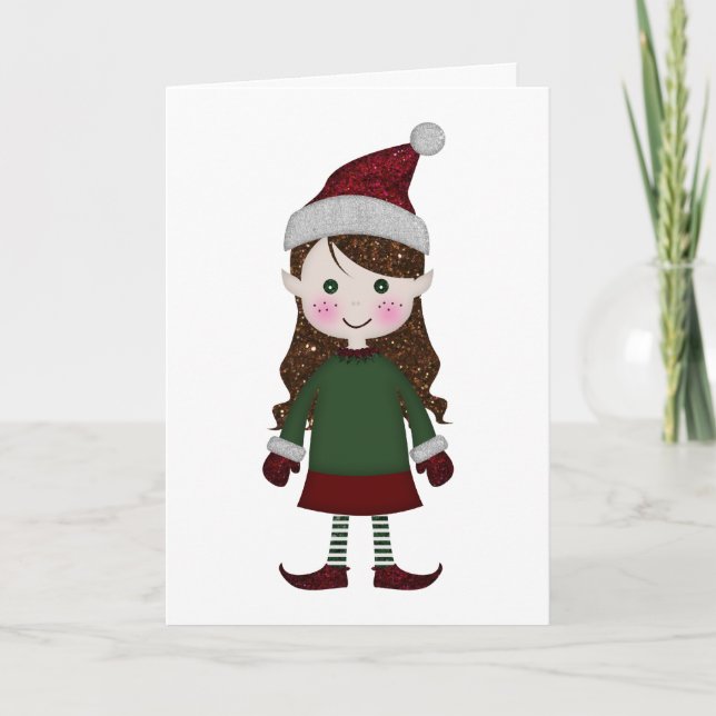 Cartes Pour Fêtes Annuelles Joyeux Noël Glittery Elf Girl hiver Rouge Vert (Devant)