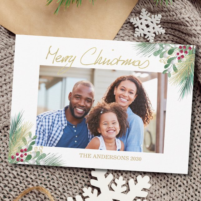 Cartes Pour Fêtes Annuelles Joyeux Noël Gold Berries Photo Noël (Créateur téléchargé)