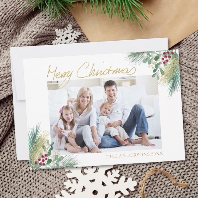 Cartes Pour Fêtes Annuelles Joyeux Noël Gold Berries Photo Noël (Créateur téléchargé)