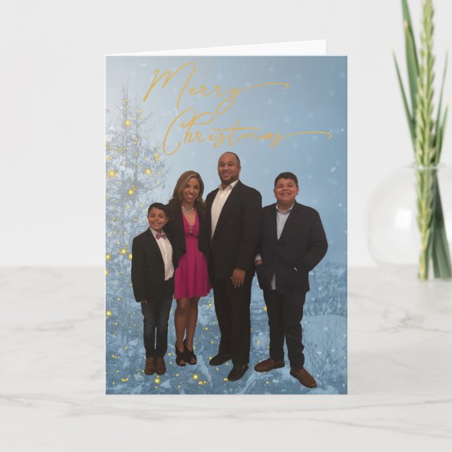 Cartes Pour Fêtes Annuelles Joyeux Noël Gold Blue Tree Photo famille (Devant)