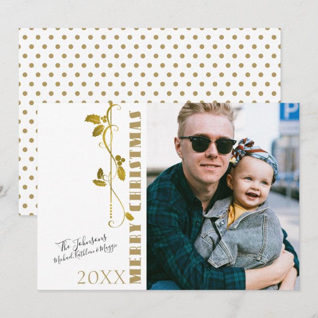 Cartes Pour Fêtes Annuelles Joyeux Noël Gold Foil Holly Photo simple (Devant / Derrière)
