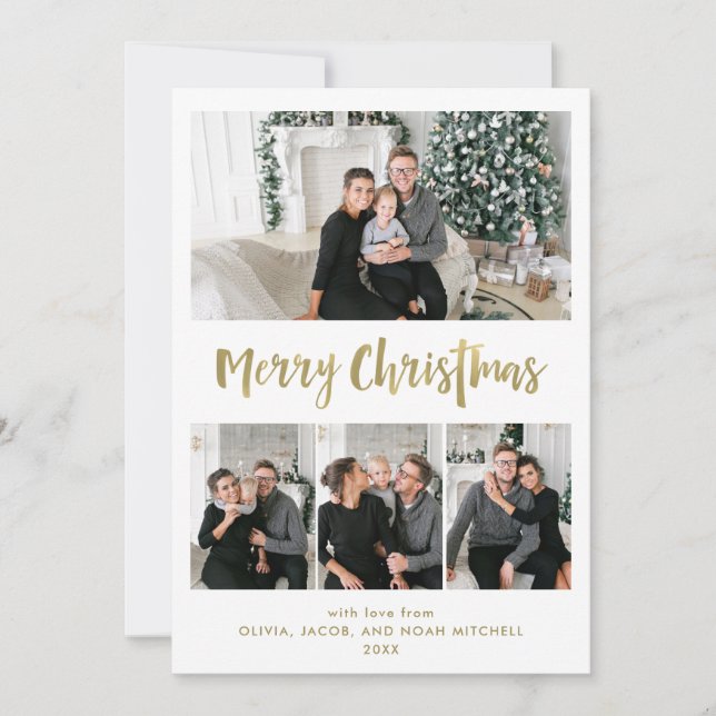 Cartes Pour Fêtes Annuelles Joyeux Noël | Gold Multi Photo Grid (Devant)