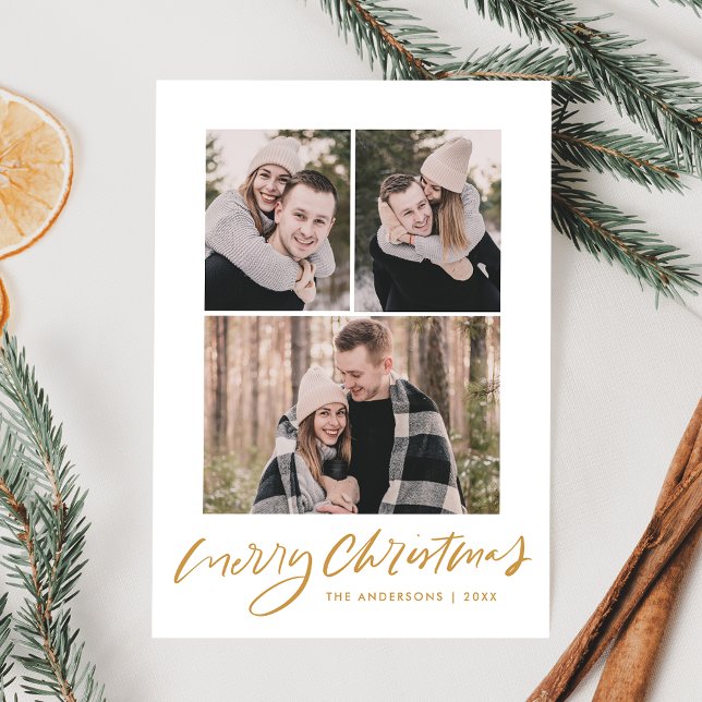 Cartes Pour Fêtes Annuelles Joyeux Noël Gold Script 3 Photo Collage (Créateur téléchargé)