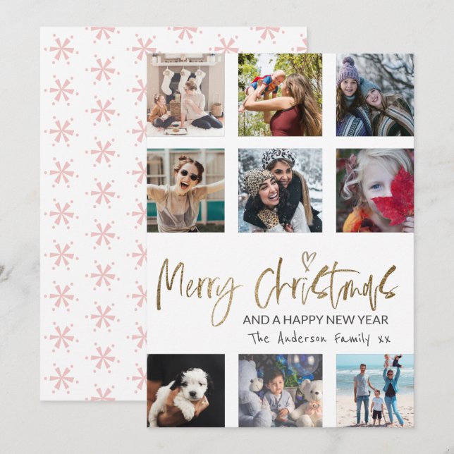 Cartes Pour Fêtes Annuelles Joyeux Noël Gold Script Photo Collage Blanc (Devant / Derrière)