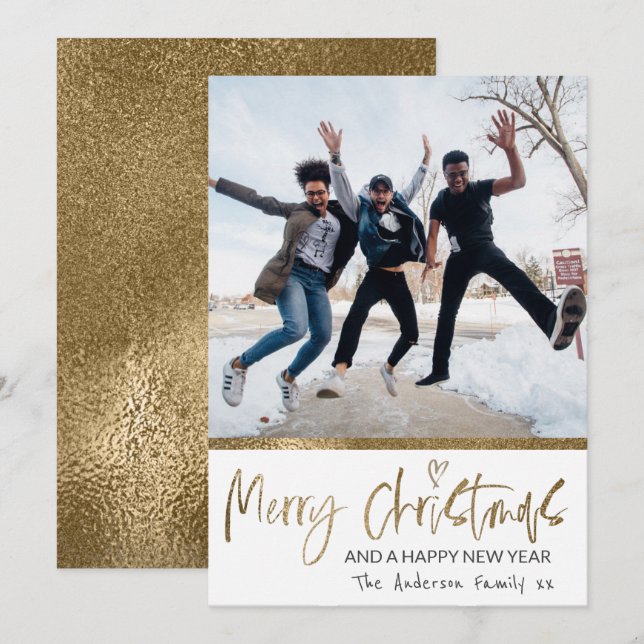 Cartes Pour Fêtes Annuelles Joyeux Noël Gold Script Photo Collage Blanc (Devant / Derrière)