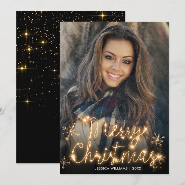 Cartes Pour Fêtes Annuelles Joyeux Noël Gold Sparkle Script PHOTO Salutation (Devant / Derrière)