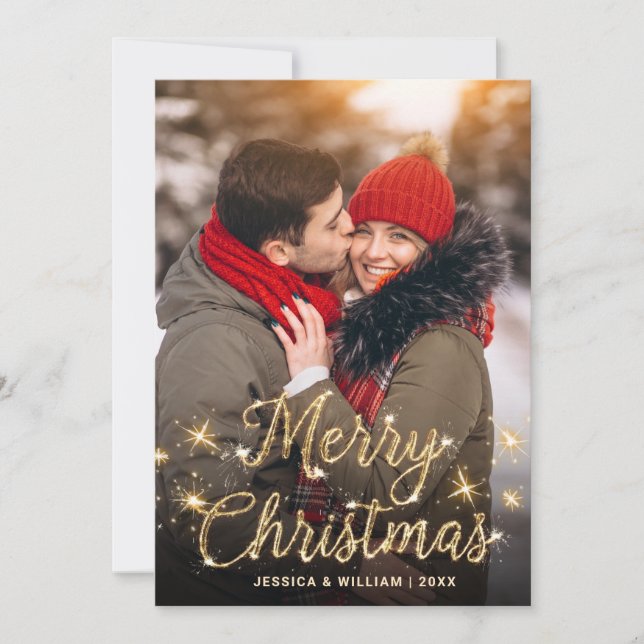 Cartes Pour Fêtes Annuelles Joyeux Noël Gold Sparkle Script PHOTO Salutation (Devant)