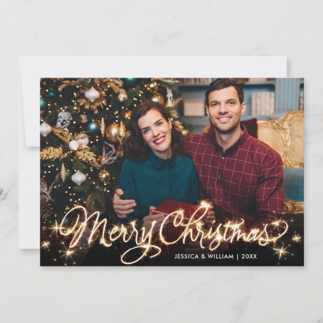 Cartes Pour Fêtes Annuelles Joyeux Noël Gold Sparkle Script PHOTO Salutation (Devant)