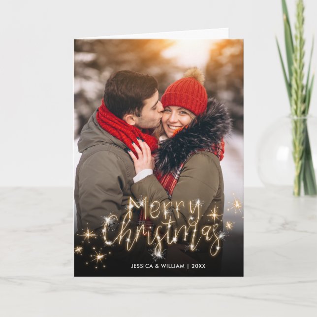 Cartes Pour Fêtes Annuelles Joyeux Noël Gold Sparkle Script PHOTO Salutation (Devant)