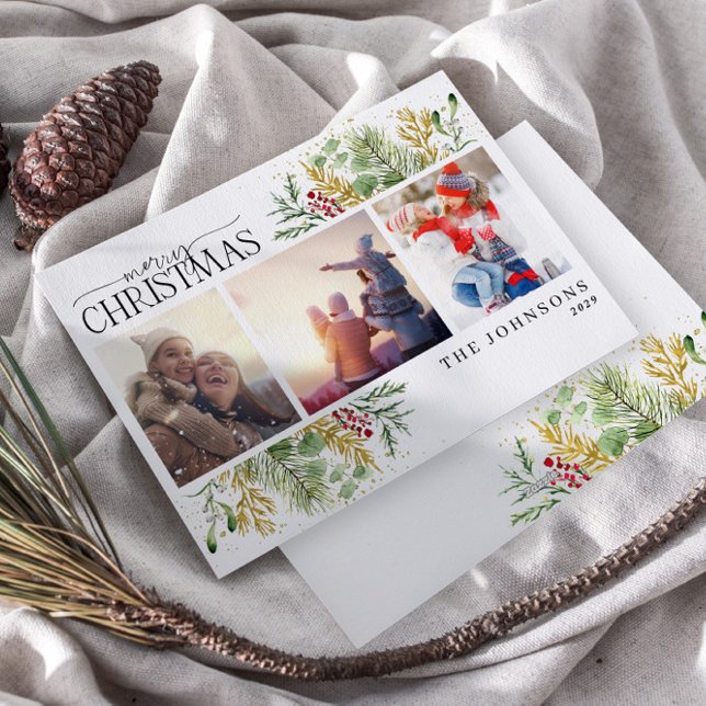 Cartes Pour Fêtes Annuelles Joyeux Noël Gold Winter Botanique Photo (Créateur téléchargé)