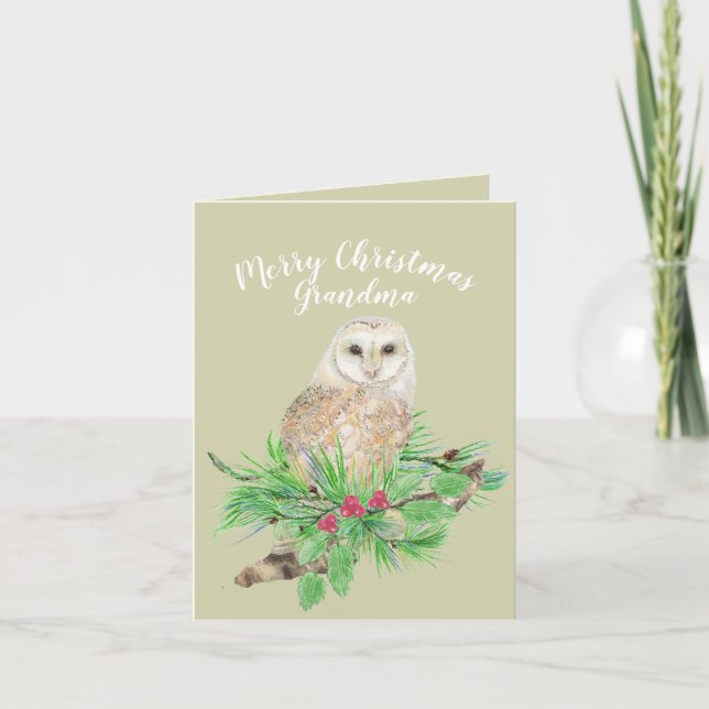 Cartes Pour Fêtes Annuelles Joyeux Noël Grand-mère Grotte Chouette Aquarelle (Devant)