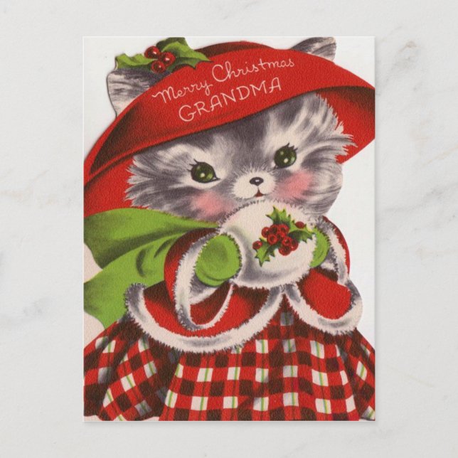 Cartes Pour Fêtes Annuelles Joyeux Noël grand-mère Vintage Kitty (Devant)