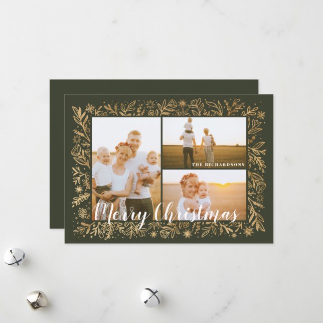 Cartes Pour Fêtes Annuelles Joyeux Noël Green & Gold Foliting & Snowflakes (Devant/Arrière en situation)