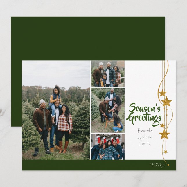 Cartes Pour Fêtes Annuelles Joyeux Noël Green Gold Stars Photo Collage (Devant / Derrière)
