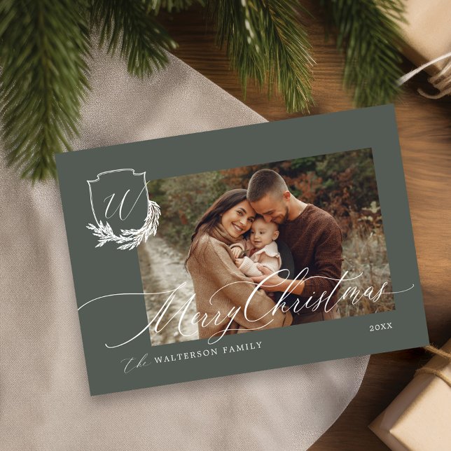 Cartes Pour Fêtes Annuelles Joyeux Noël hiver Garland Monogramme Photo (Merry Christmas Winter Garland Monogram Photo Holiday Card)