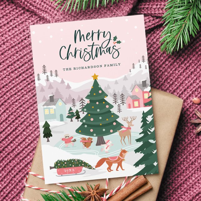 Cartes Pour Fêtes Annuelles Joyeux Noël Hiver Merveilleux Pays-Bas Bois Animau (Merry Christmas Winter Wonderland Woodland Animals Holiday Card)