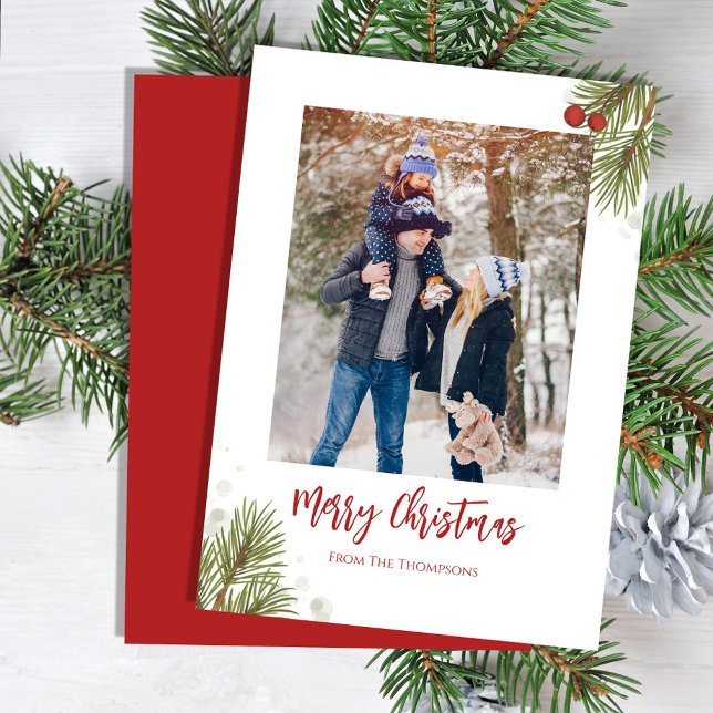 Cartes Pour Fêtes Annuelles Joyeux Noël hiver Red Holly Berries 1 Photo (Merry Christmas cute calligraphy script holiday greenery photo greeting card)