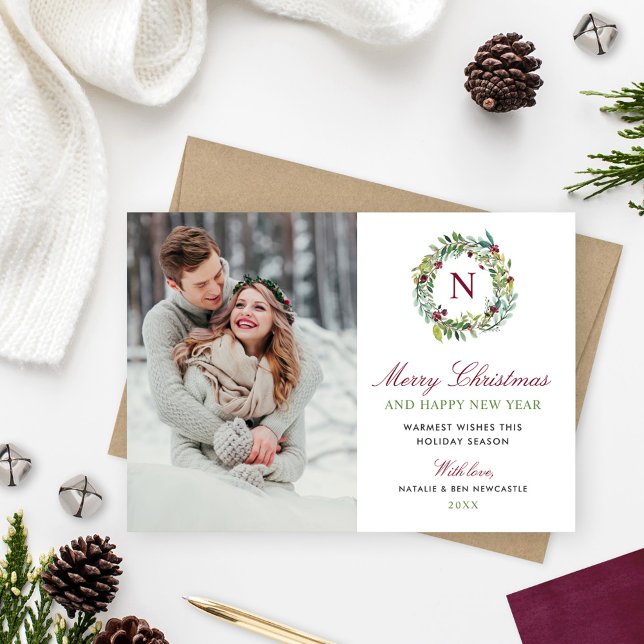 Cartes Pour Fêtes Annuelles Joyeux Noël hiver verdure Monogramme Photo (Créateur téléchargé)