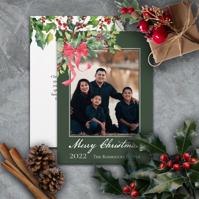 Cartes Pour Fêtes Annuelles Joyeux Noël Holly et Berry Green Photo (Créateur téléchargé)
