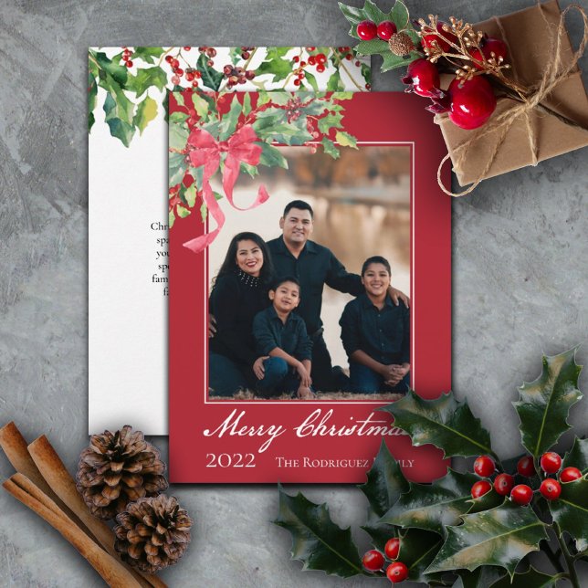 Cartes Pour Fêtes Annuelles Joyeux Noël Holly et Berry Green Photo (Créateur téléchargé)