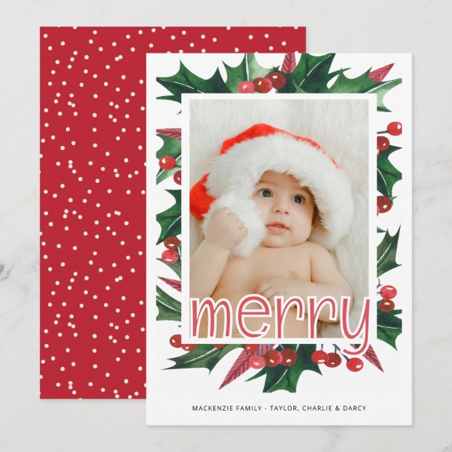 Cartes Pour Fêtes Annuelles Joyeux Noël Holly Photo personnalisée (Devant / Derrière)