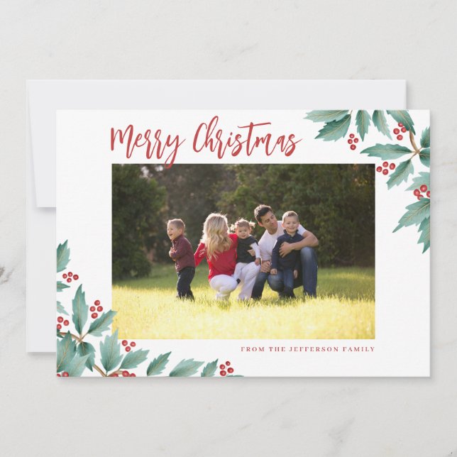 Cartes Pour Fêtes Annuelles Joyeux Noël Holly Rouge Et Vert Photo (Devant)