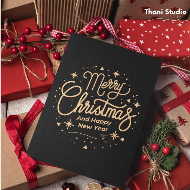 Cartes Pour Fêtes Annuelles Joyeux Noël Joyeux Nouvel An Moderne Noir & Or (Créateur téléchargé)