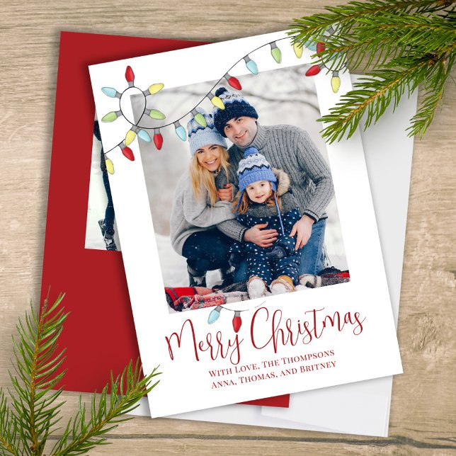 Cartes Pour Fêtes Annuelles Joyeux Noël Joyeux String Lights 2 Photo (Merry Christmas cute calligraphy script two photo greeting card template. )