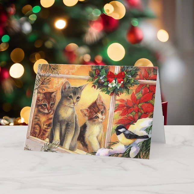 Cartes Pour Fêtes Annuelles Joyeux Noël Kitty Chats Observation d'oiseaux Paix (Créateur téléchargé)
