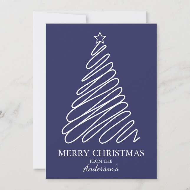 Cartes Pour Fêtes Annuelles Joyeux Noël Marine Bleu Blanc Scribble Arbre (Devant)