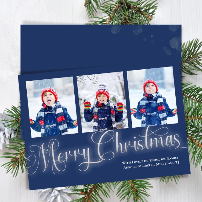 Cartes Pour Fêtes Annuelles Joyeux Noël Marine Bleu Photo Collage Script (Merry Christmas in shimmering silver with Navy Blue. )