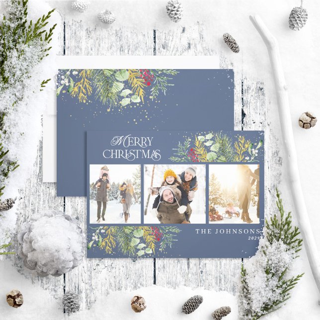 Cartes Pour Fêtes Annuelles Joyeux Noël Marine Blue Gold Botanique Photo (Créateur téléchargé)