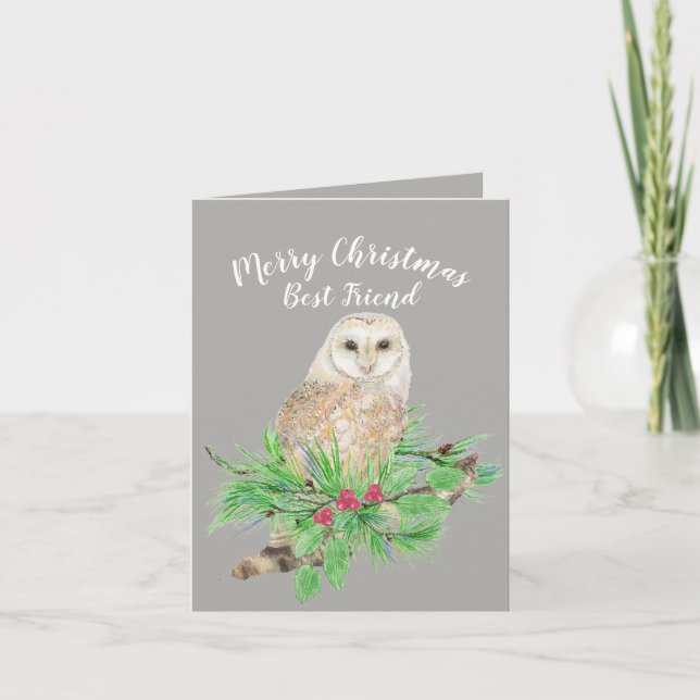 Cartes Pour Fêtes Annuelles Joyeux Noël meilleur ami Barn Owl Aquarelle (Devant)