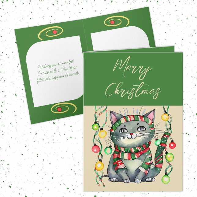 Cartes Pour Fêtes Annuelles Joyeux Noël mignon chat souriant baubles vert (Créateur téléchargé)