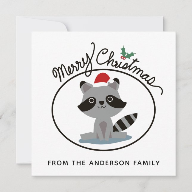 Cartes Pour Fêtes Annuelles Joyeux Noël mignon Raccoon Nom personnalisé (Devant)