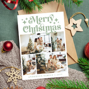 Cartes Pour Fêtes Annuelles Joyeux Noël minimaliste 4 Photo Retro Green